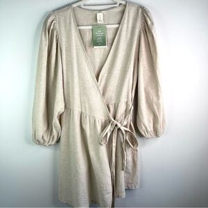 H&M Beige Linen Cotton Blend Wrap Dress Size S
